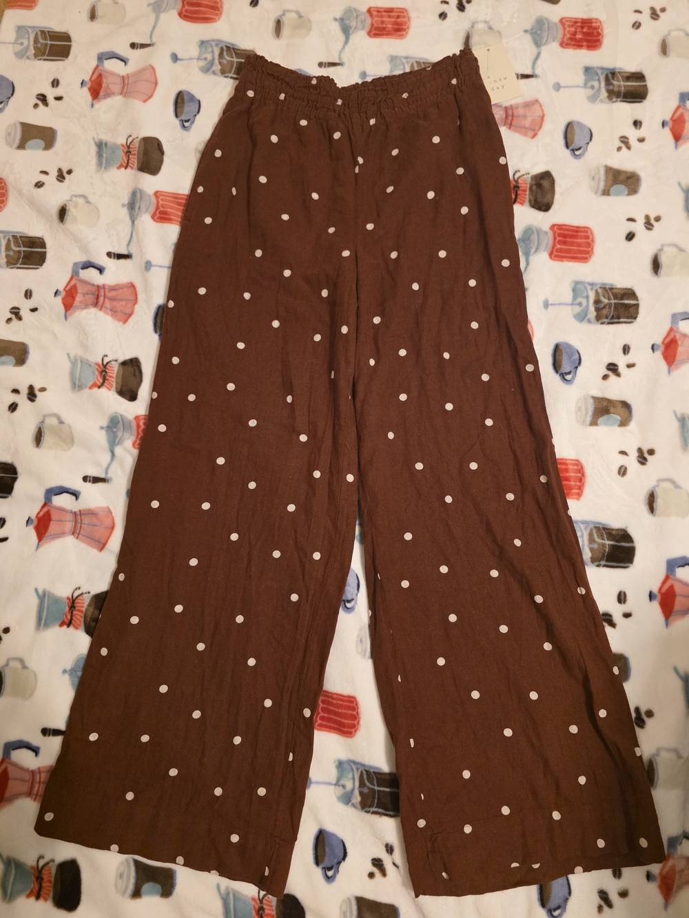 A New Day High-Rise Linen Wide Leg Pull-On Pants - Brown Polka Dot - NWT